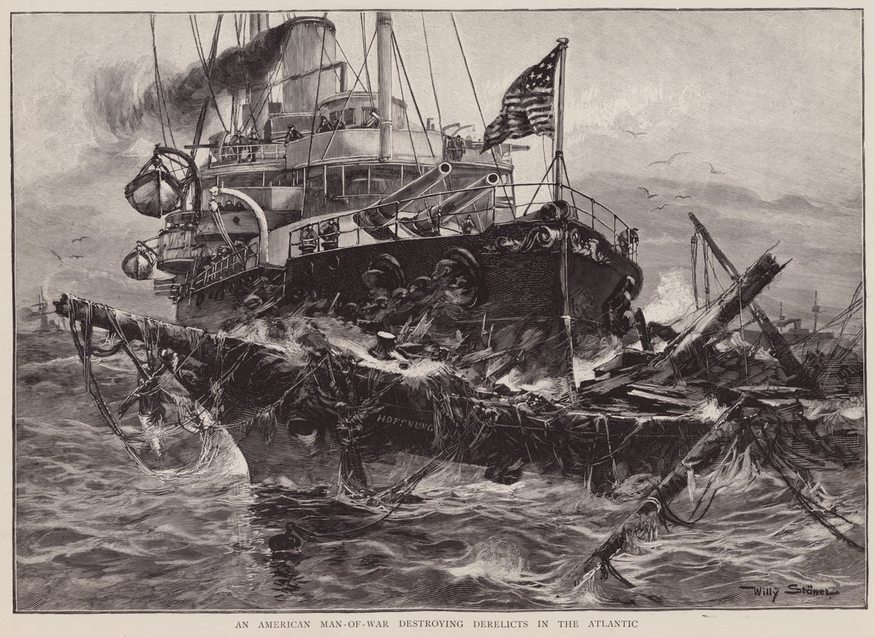 Ein amerikanisches Kriegsschiff zerstört Wracks im Atlantik von Willy Stower
