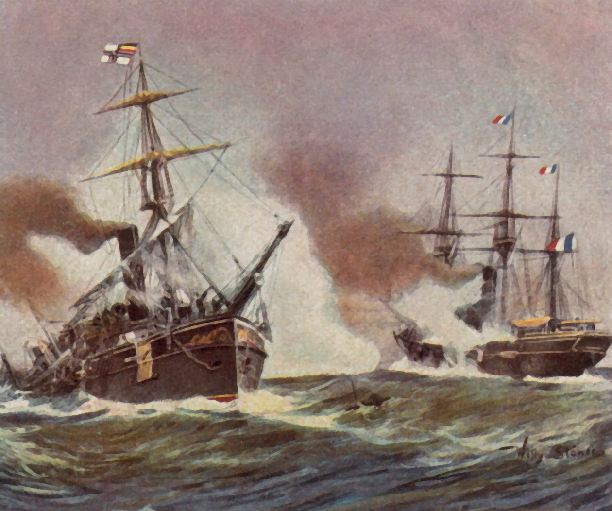 Schlacht zwischen dem deutschen Kanonenboot "Meteor" und dem französischen Aviso "Bouvet" vor Havanna, 9. November 1870 von Willy Stower