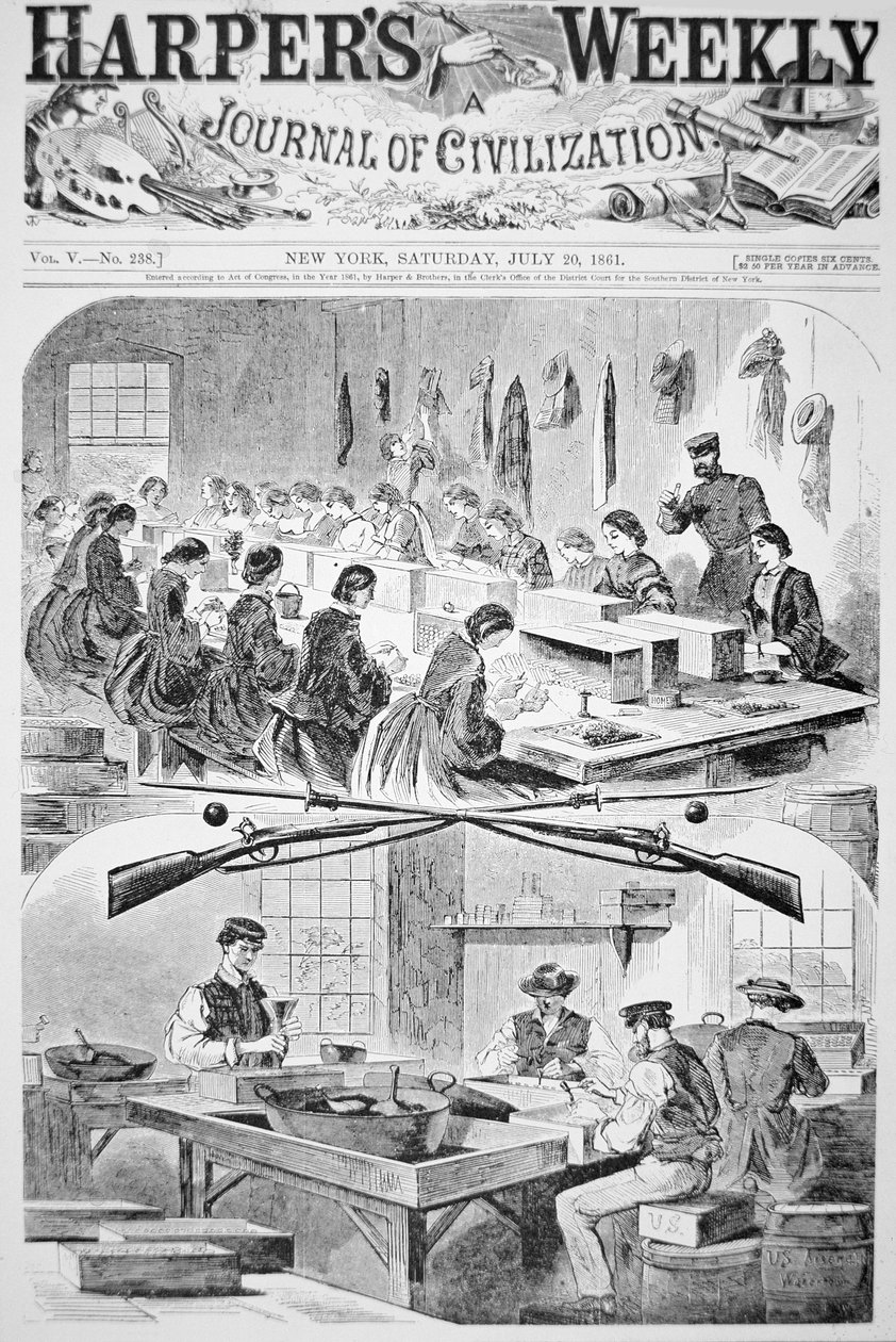 Männer und Frauen füllen Patronen im Arsenal in Watertown, Massachusetts, aus 
