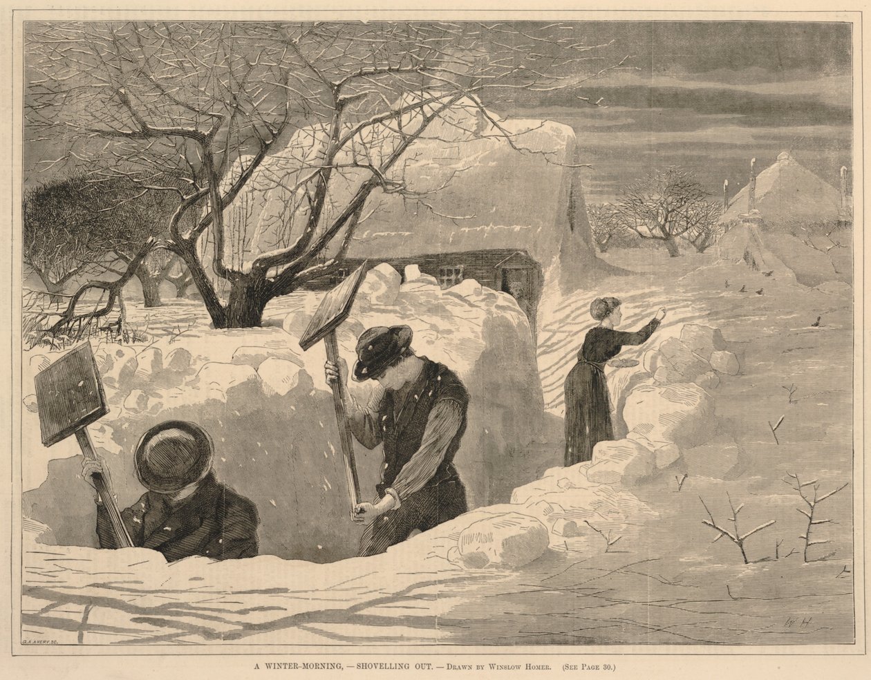 Ein Wintermorgen--Schneeschaufeln, aus Every Saturday, 14. Januar 1871 von Winslow Homer