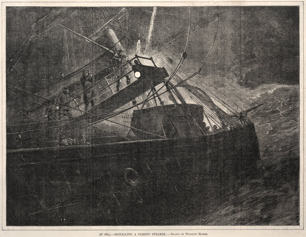 Auf See, Signalisieren eines vorbeifahrenden Dampfers von Winslow Homer