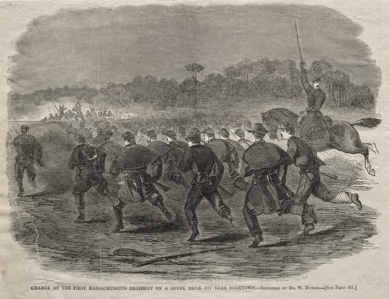 Angriff des Ersten Massachusetts-Regiments auf eine Rebellengewehrgrube bei Yorktown von Winslow Homer