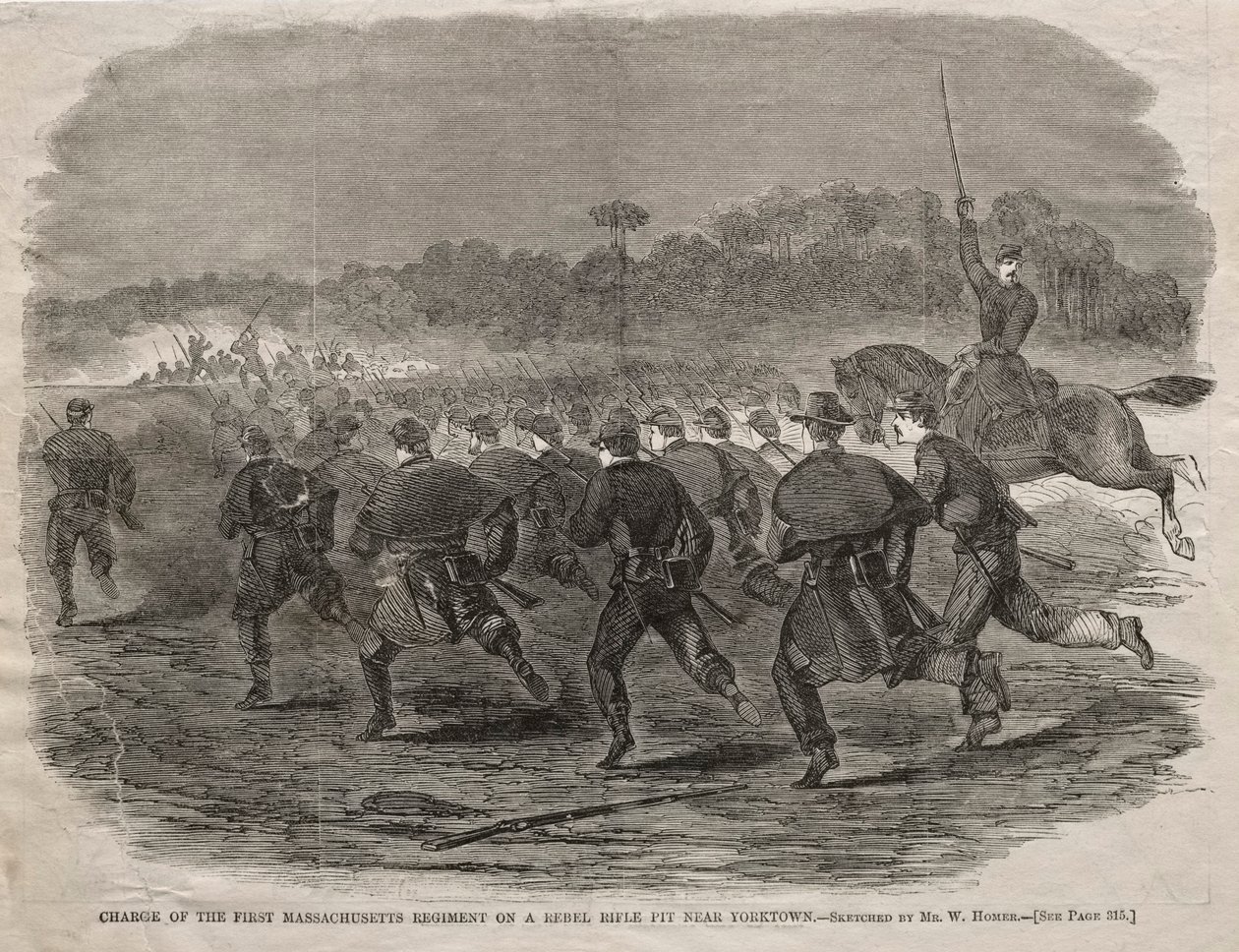 Angriff des ersten Massachusetts-Regiments auf eine Rebellen-Schützenstellung bei Yorktown, 1862 von Winslow Homer