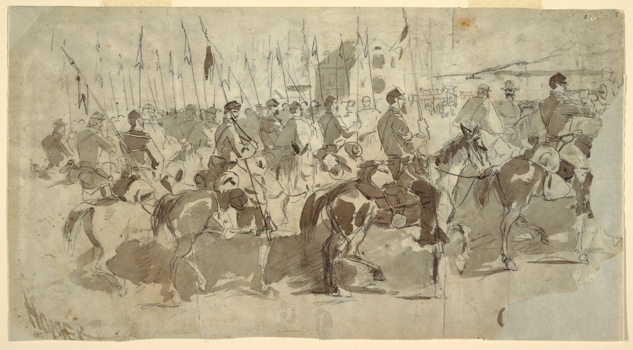 General McClellans sechstes Kavallerieregiment beim Einschiffen in Alexandria nach Old Point Comfort, 2. April 1862 von Winslow Homer