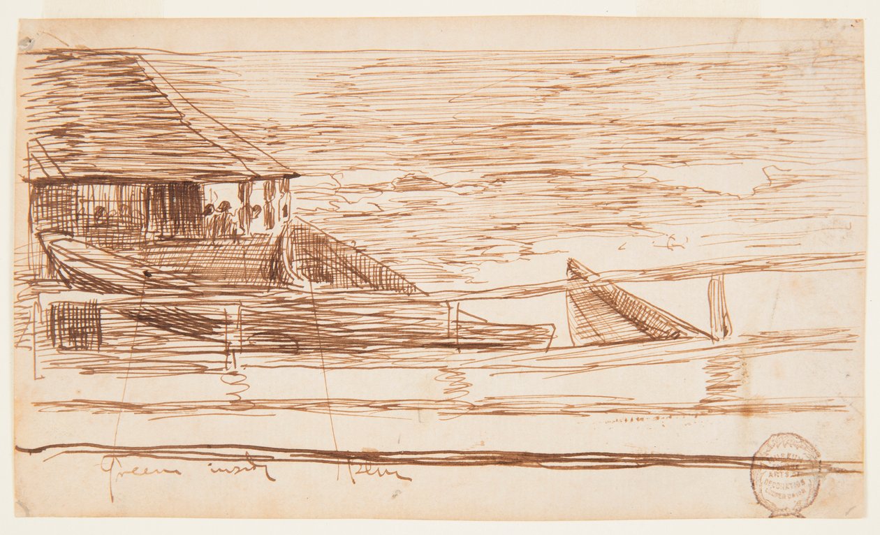 Haus an einem Geländer mit gestrandeten Dories, Cullercoats, England von Winslow Homer