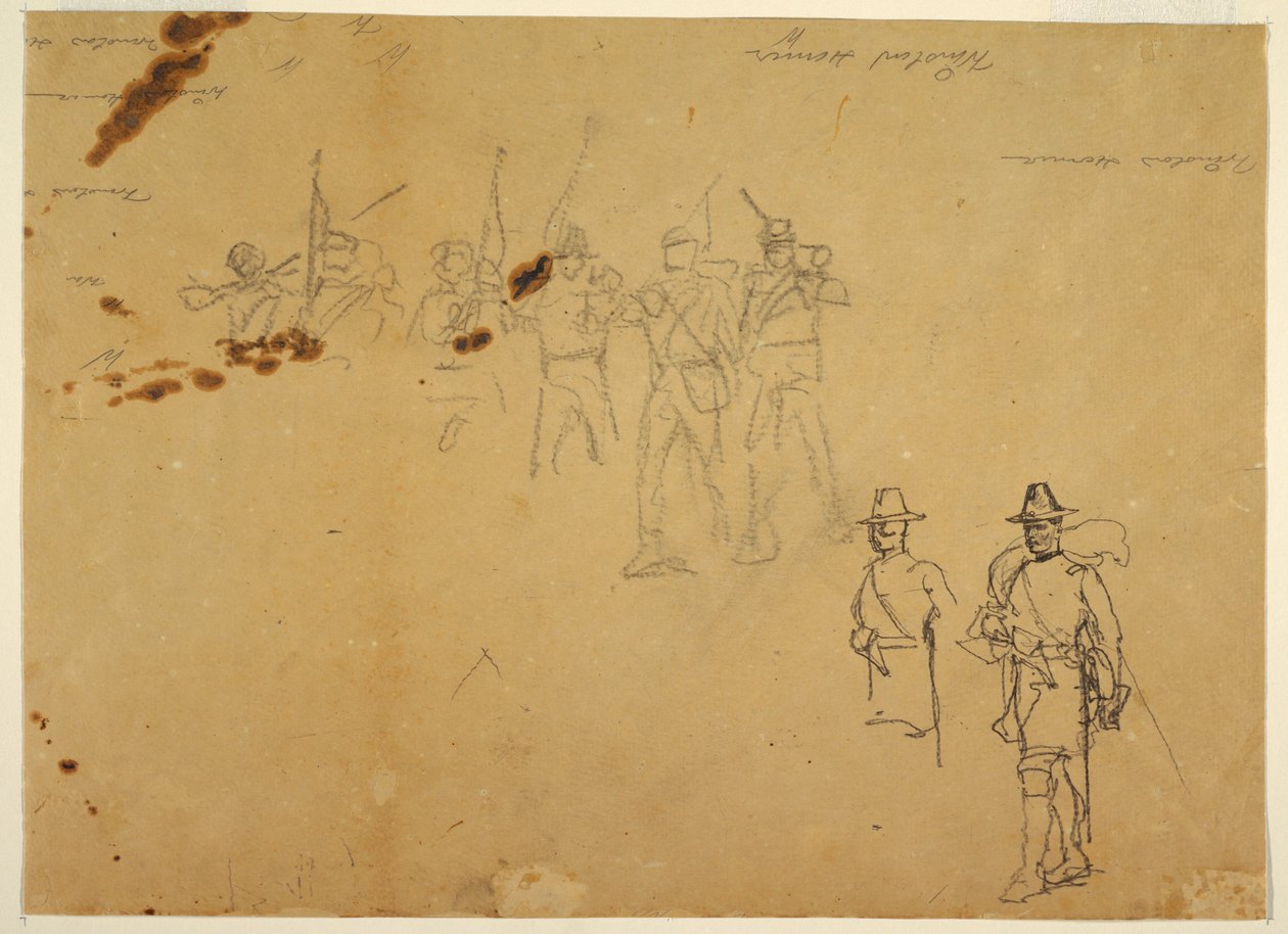 Skizzen von einzelnen Infanteriefiguren und Übungsunterschriften, 1862 von Winslow Homer