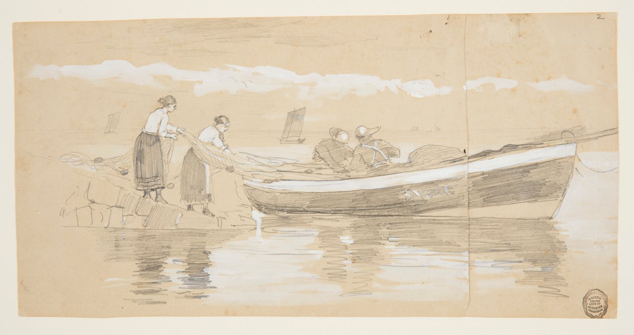Fischer und Frauen verstauen Netze in einem gestrandeten Dory, Cullercoats, England von Winslow Homer