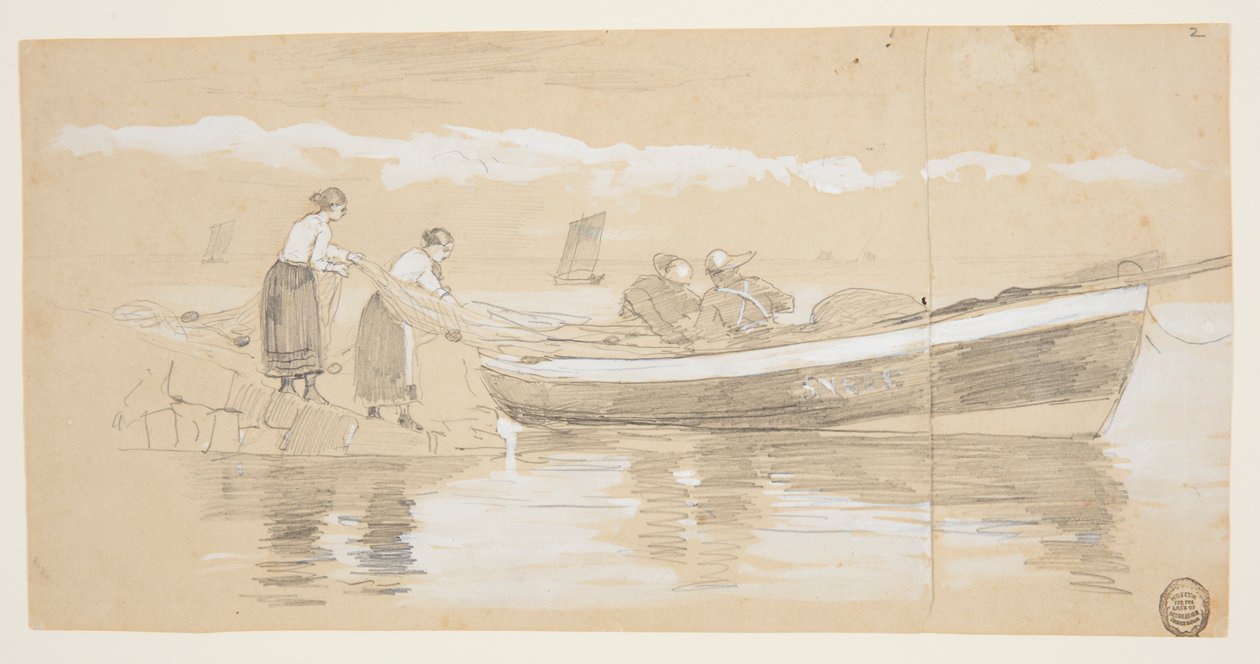 Fischer und Frauen verstauen Netze in einem gestrandeten Dory, Cullercoats, England von Winslow Homer