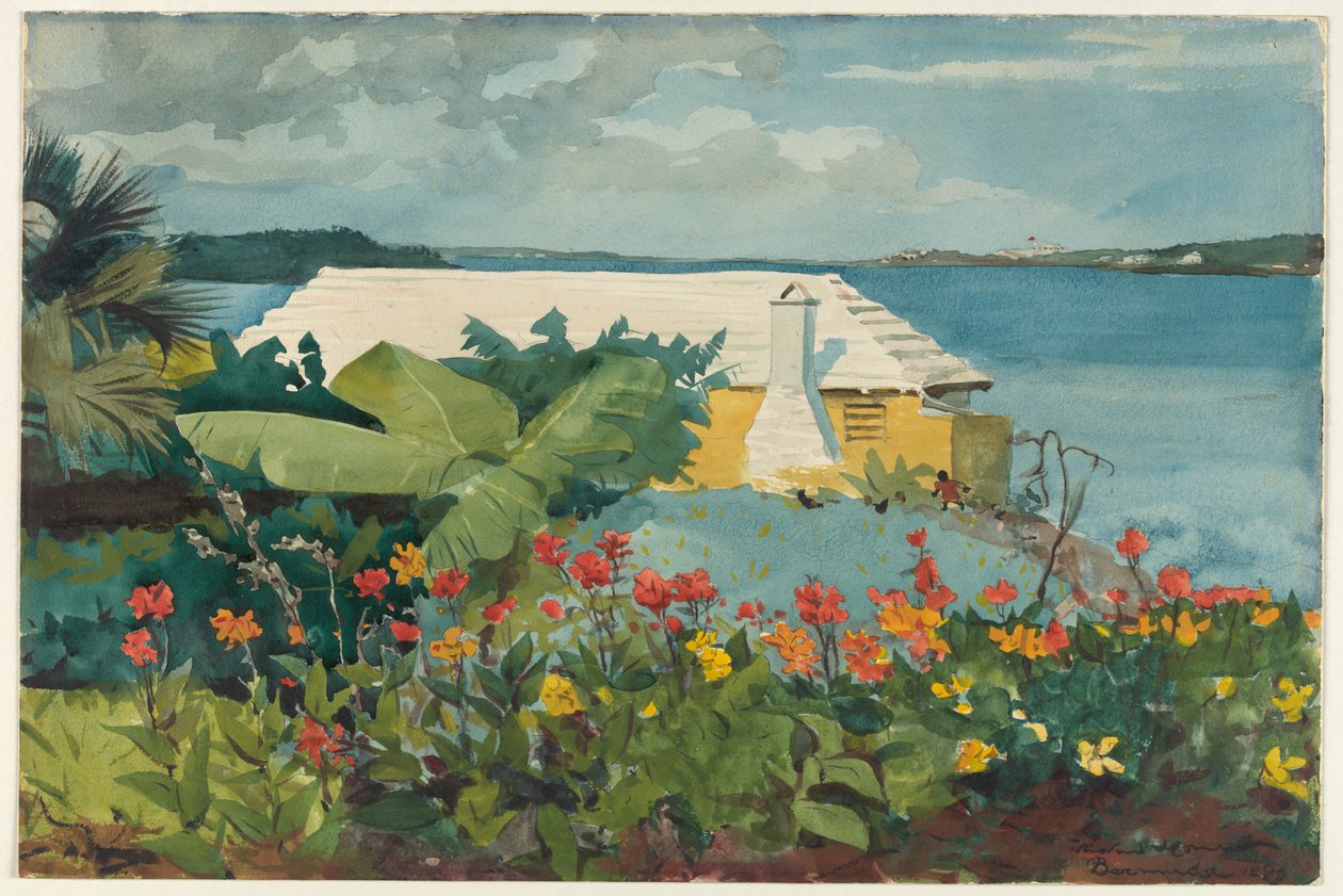 Blumengarten und Bungalow, Bermuda von Winslow Homer