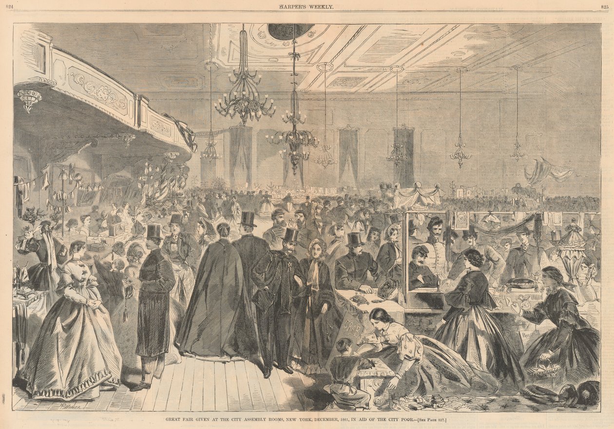 Großer Jahrmarkt in den Stadtversammlungshallen, New York, Dezember 1861, zugunsten der Stadtarmen; aus Harper von Winslow Homer