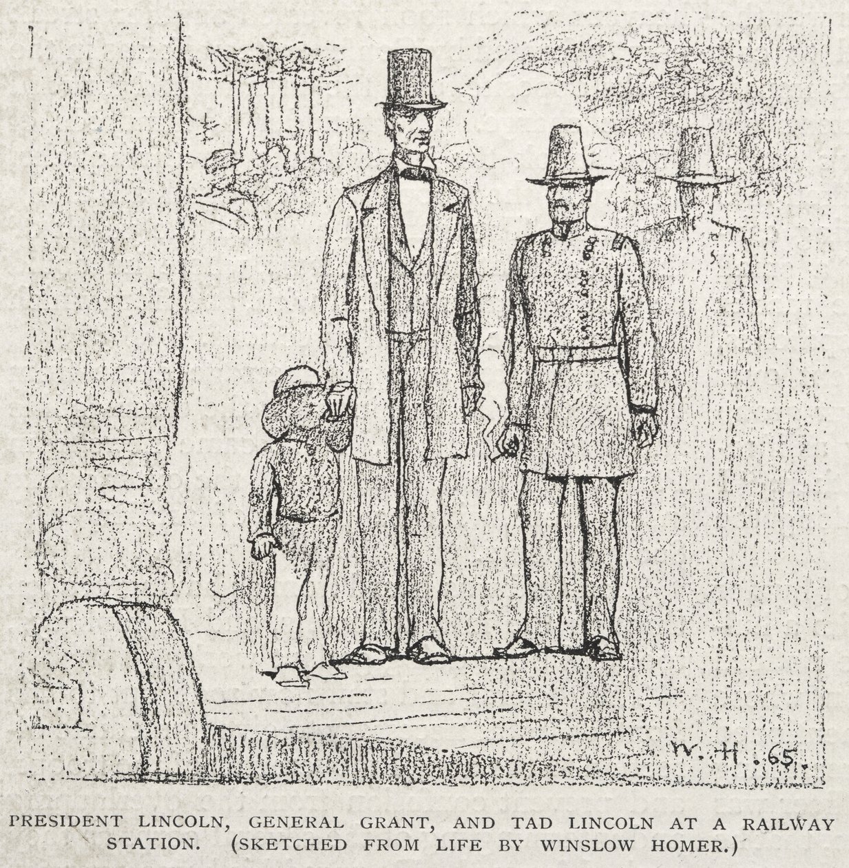 Präsident Lincoln, General Grant und Tad Lincoln an einem Bahnhof von Winslow Homer