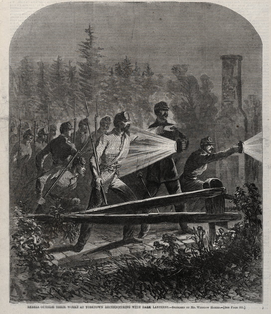 Rebellen außerhalb ihrer Werke in Yorktown, erkundend mit dunklen Laternen von Winslow Homer