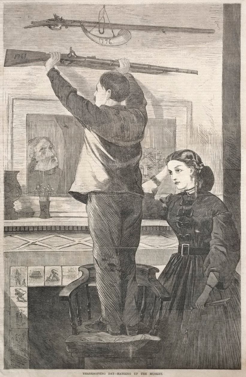 Erntedankfest - Das Gewehr aufhängen, 1865 von Winslow Homer