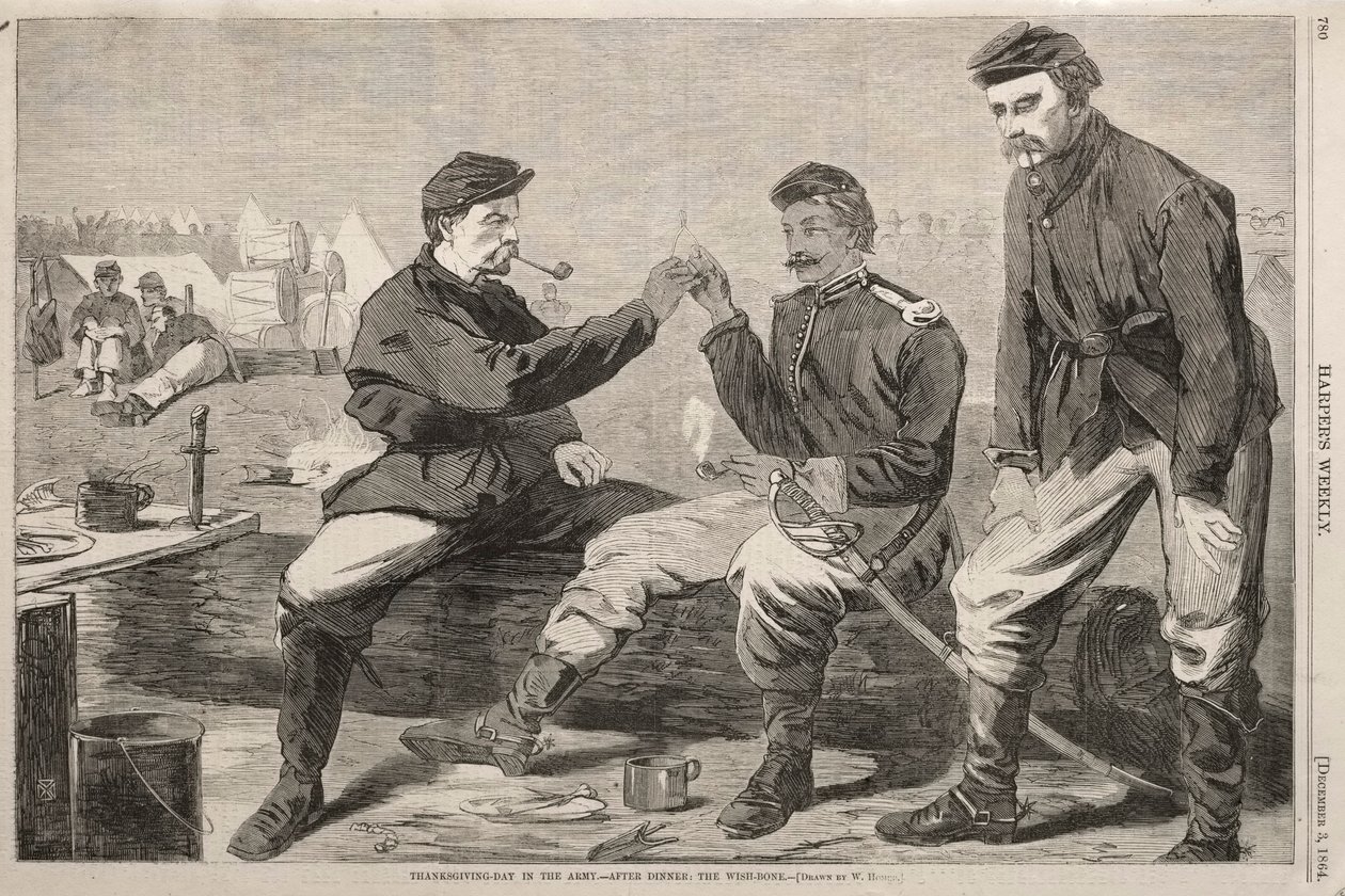 Erntedankfest in der Armee - Nach dem Abendessen: Der Wunschknochen, 1864 von Winslow Homer
