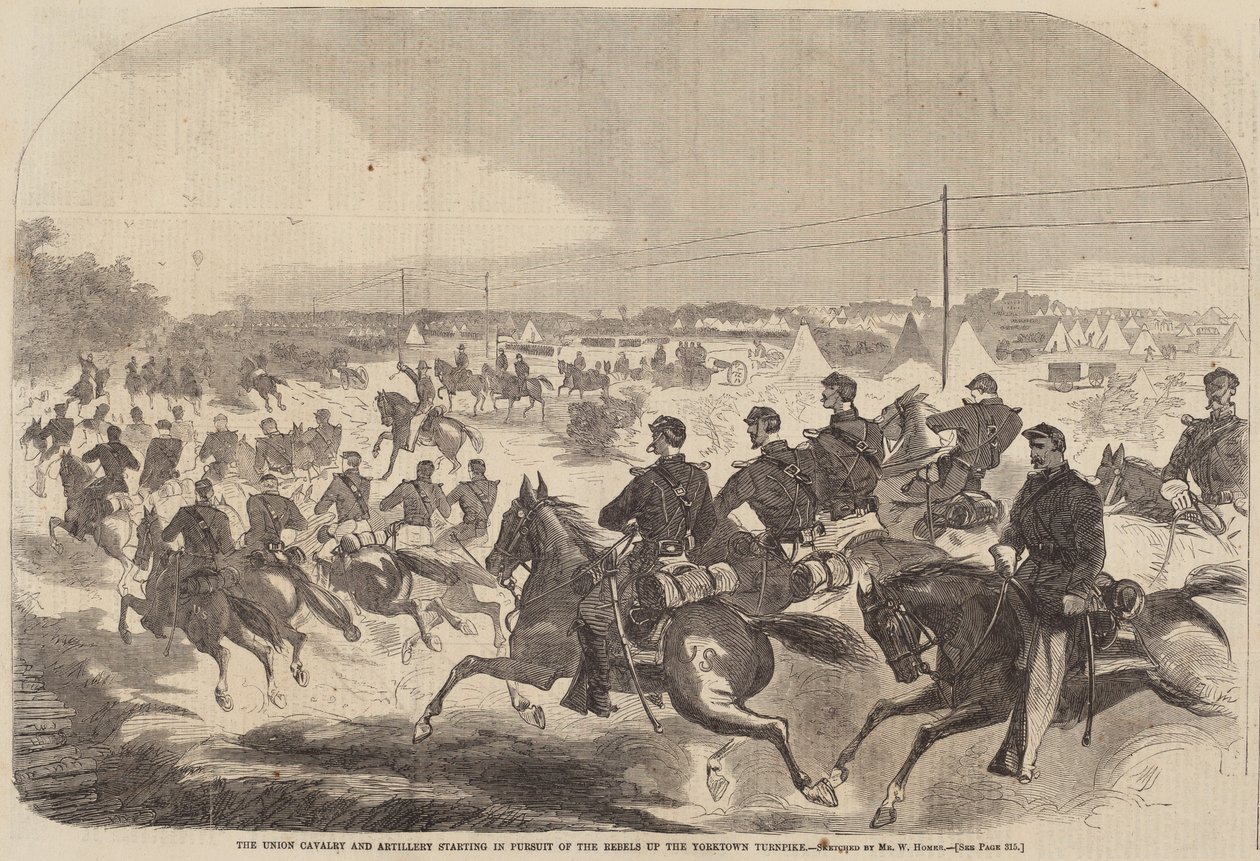 Die Union-Kavallerie und Artillerie starten die Verfolgung der Rebellen in Richtung Yorktown von Winslow Homer