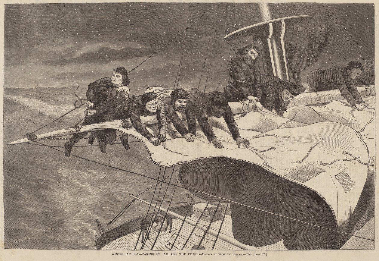 Winter auf See - Segel einholen vor der Küste, veröffentlicht 1869 von Winslow Homer