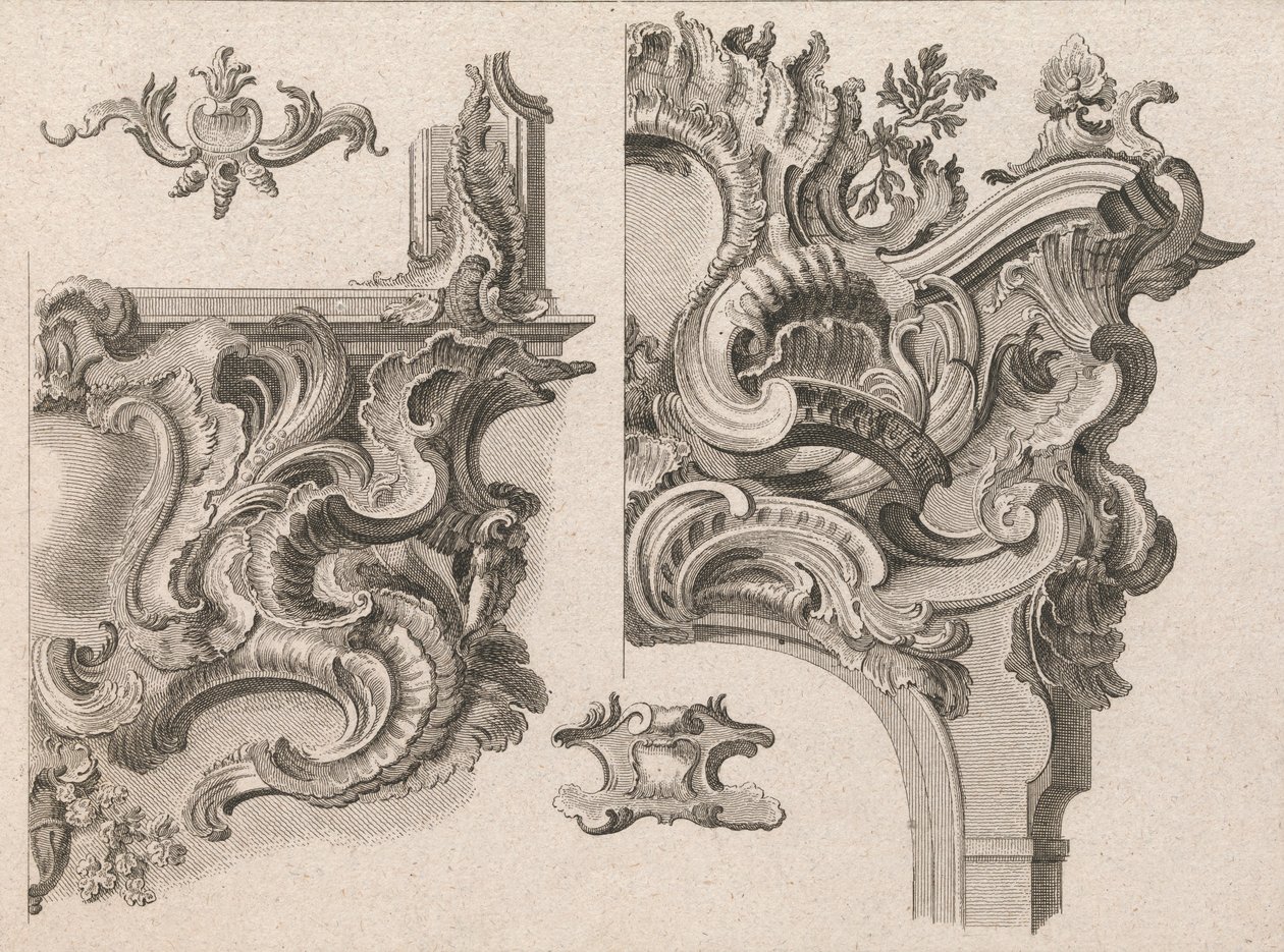 Vorschlag für die Dekoration des unteren rechten und oberen rechten Teils eines Altarrahmens..., gedruckt ca. 1750-56 von Wolffgang Christoph Mayr