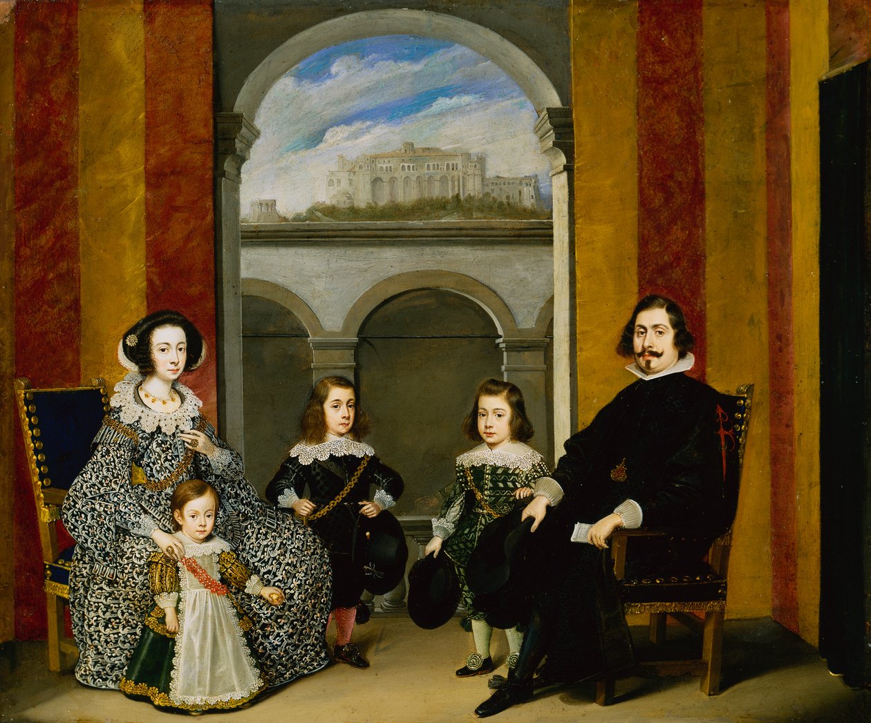 Francesco Tapia, Conte del Vasto, mit seiner Familie im Inneren des Palazzo Tapia mit Blick auf das Castello di Sant Elmo von Wolfgang Heimbach