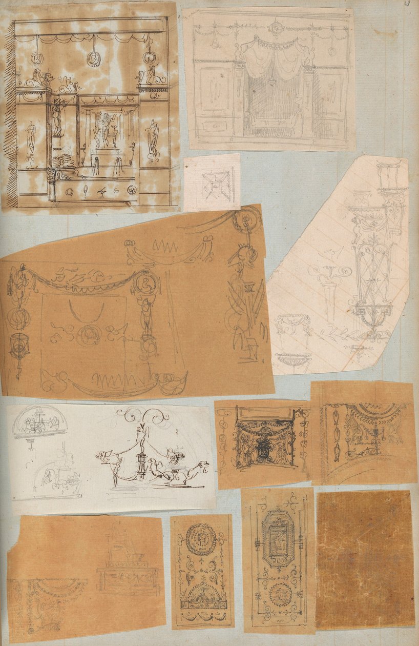 Seite aus einem Sammelalbum mit Zeichnungen und mehreren Architekturabdrücken, ca. 1800-1850. Werkstatt von Charles Percier, Werkstatt von Pierre François Léonard Fontaine von Workshop of Charles Percier, Workshop of Pierre