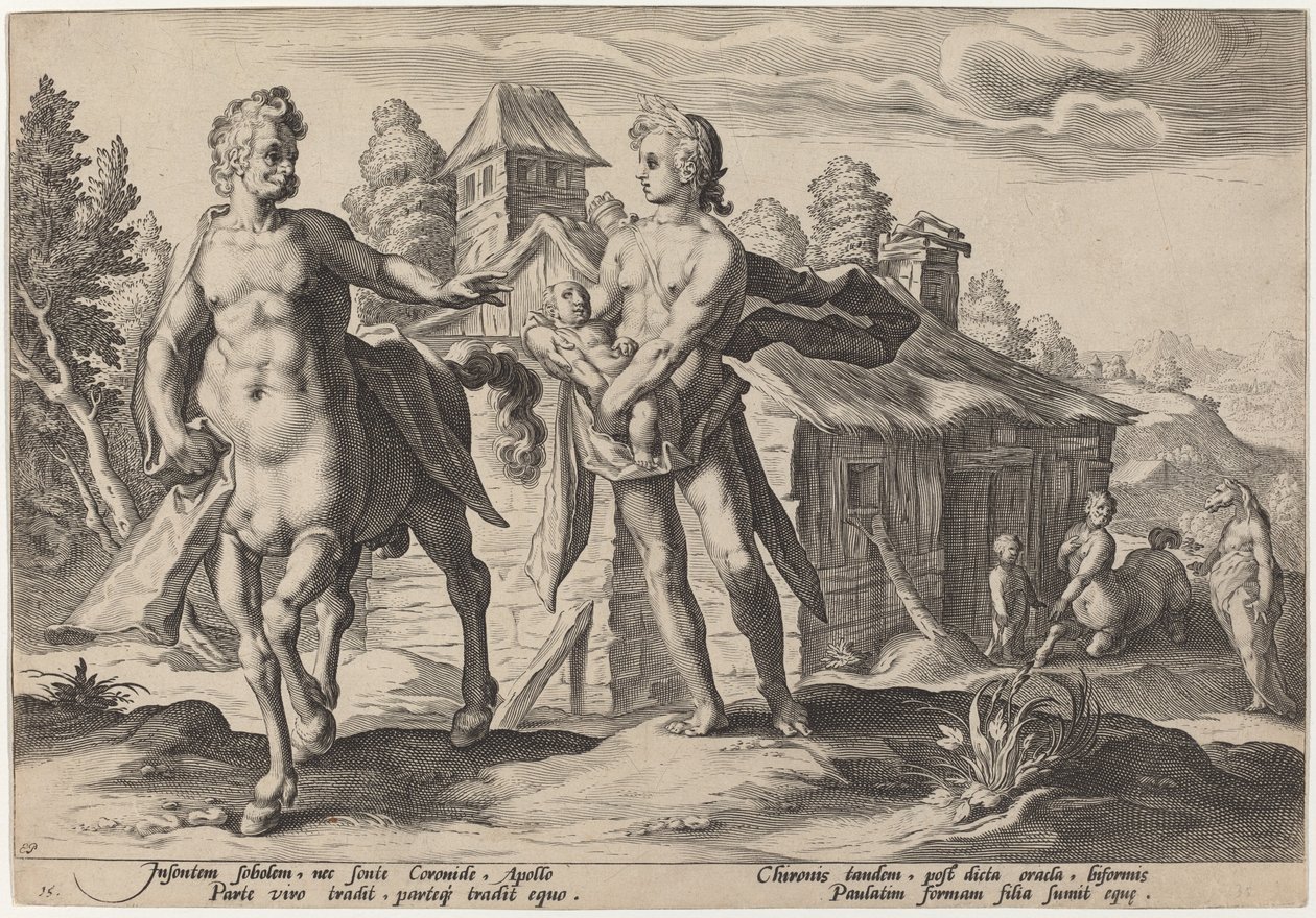 Apollo vertraut Chiron die Erziehung des Asklepios an von Workshop of Hendrick Goltzius, after Hendrick Goltzius