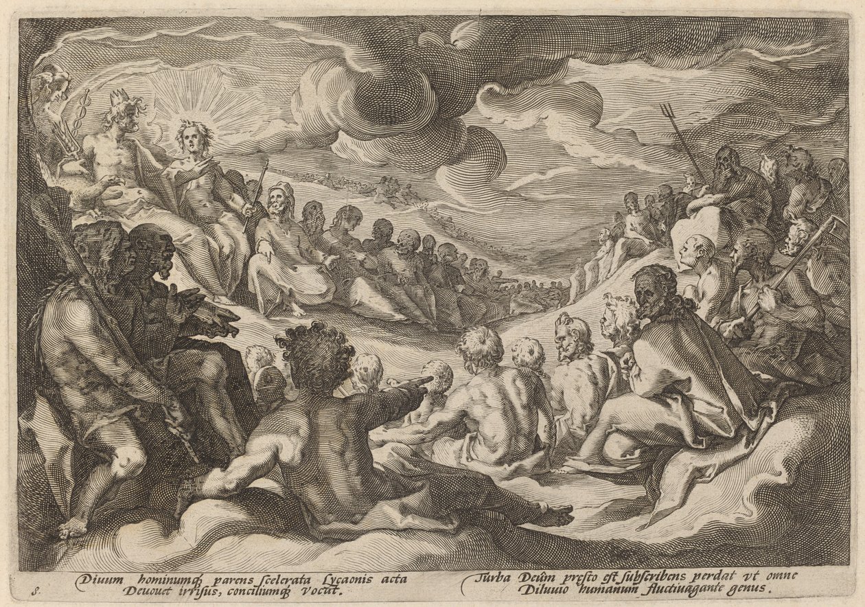 Jupiter berät sich mit den Göttern über die Zerstörung des Universums von Workshop of Hendrick Goltzius, after Hendrick Goltzius