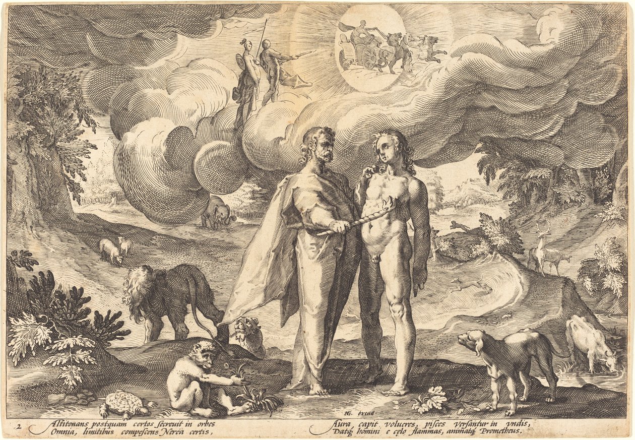 Prometheus erschafft den Menschen und belebt ihn mit Feuer vom Himmel von Workshop of Hendrick Goltzius, after Hendrick Goltzius