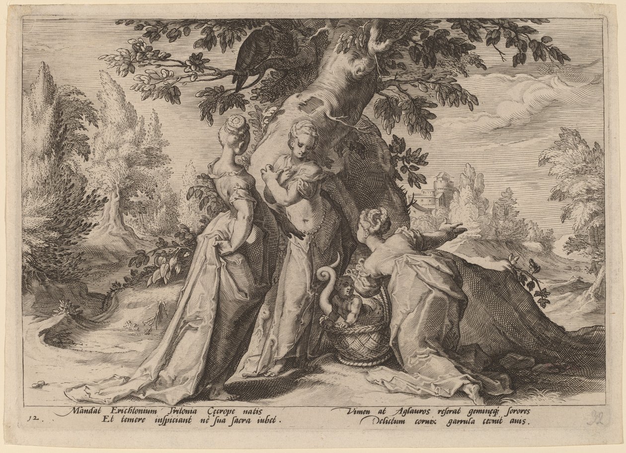 Die Töchter des Cecrops öffnen die von Minerva anvertraute Kiste von Workshop of Hendrick Goltzius, after Hendrick Goltzius