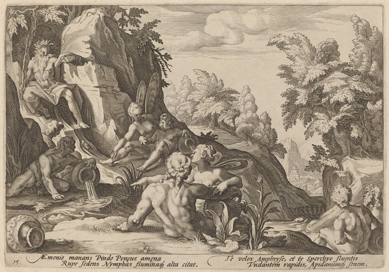 Der Flussgott Peneus umgeben von anderen Gottheiten von Workshop of Hendrick Goltzius, after Hendrick Goltzius