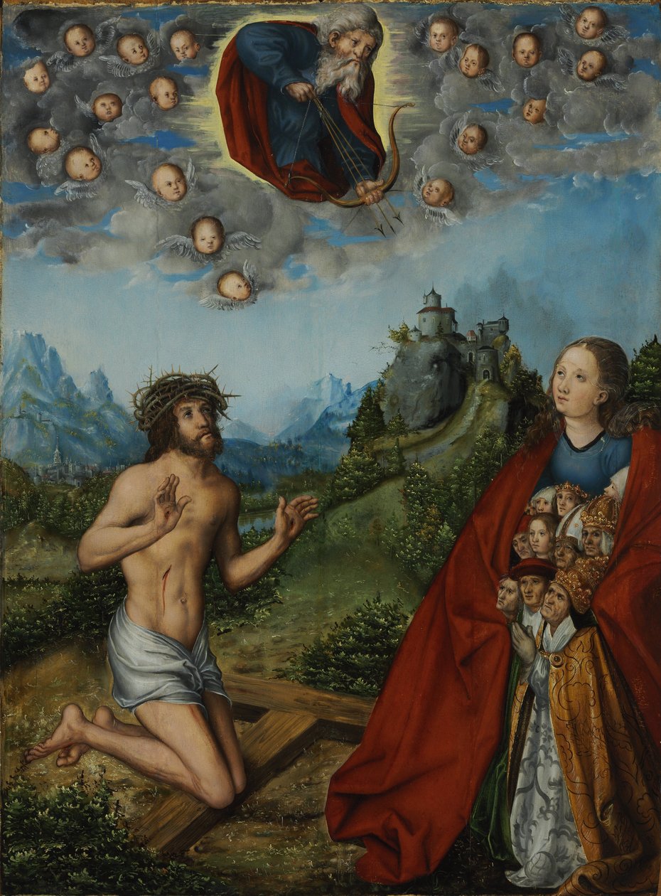 Christus und die Jungfrau, die für die Menschheit vor Gott dem Vater Fürsprache einlegen (Die drei Plagen) von workshop of Lucas Cranach the Elder