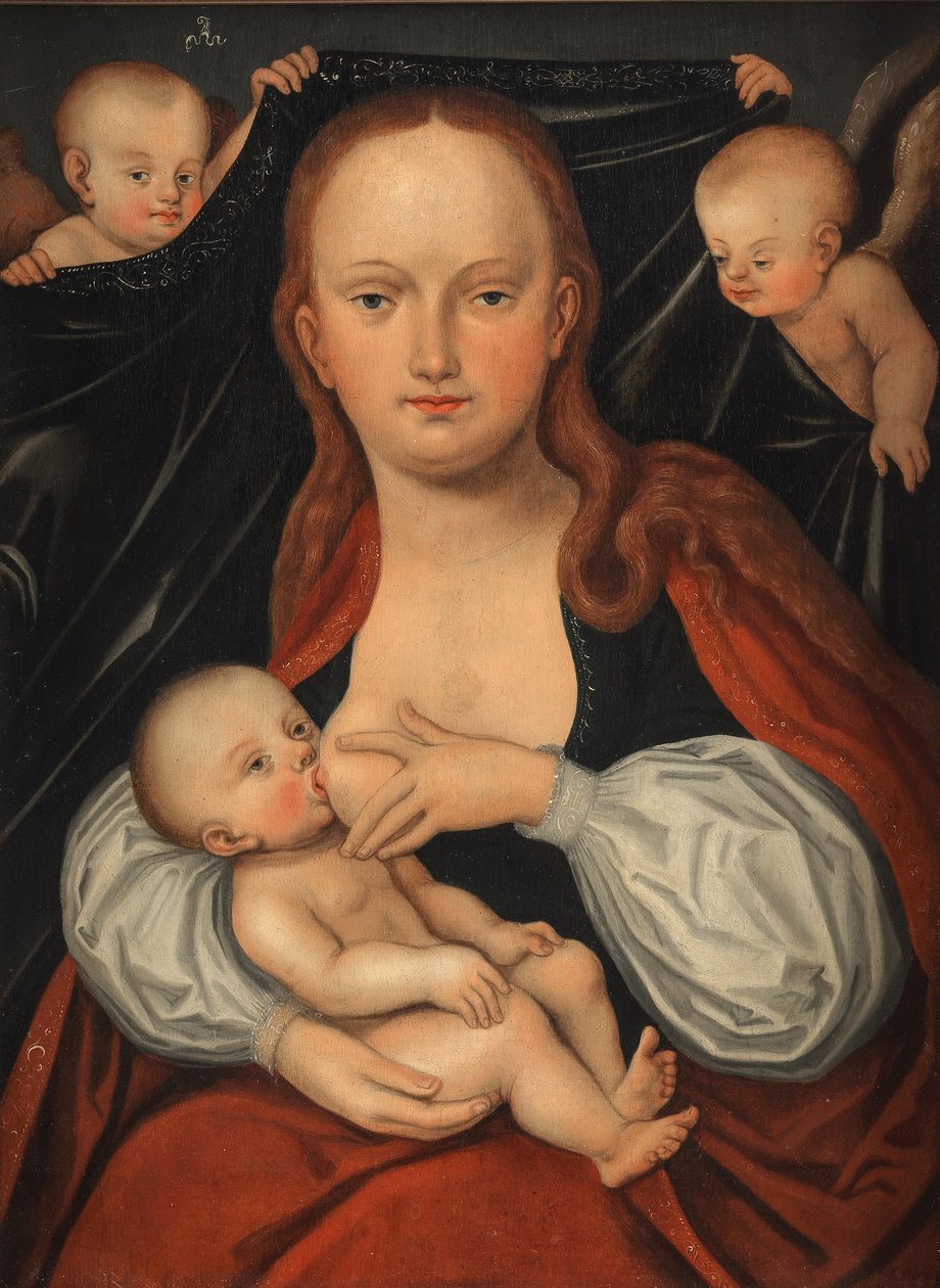 Die Madonna und das Kind vor einem Vorhang, gehalten von zwei Engeln von workshop of Lucas Cranach the Elder