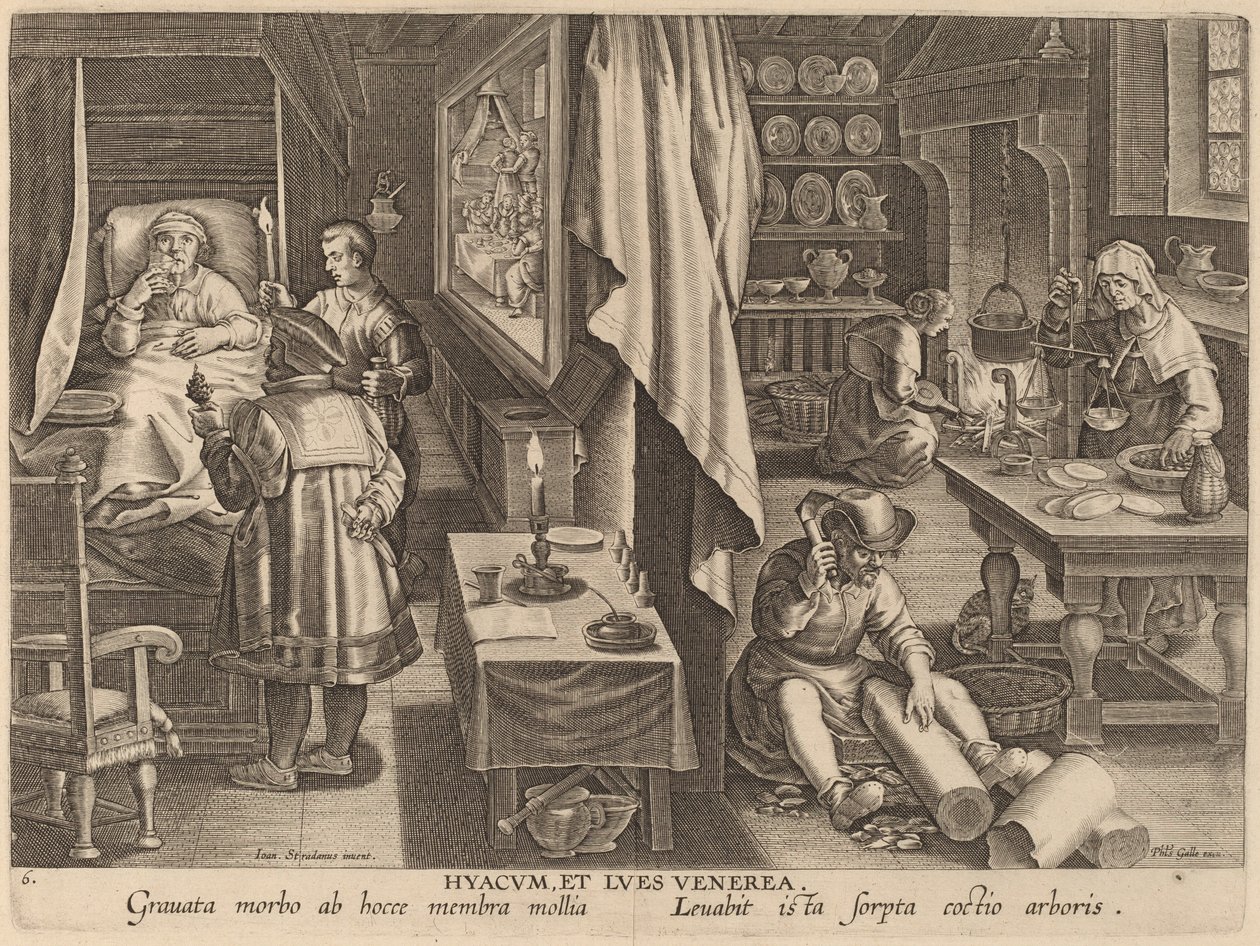 Hyacum und venerische Infektion von Workshop of Philip Galle after Jan van der Straet