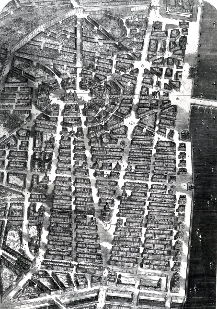 Eine Vision der Stadt London, konstruiert nach dem Plan von Sir Christopher Wren, gezeichnet unter der Leitung von Mr. Godwin, veröffentlicht in 