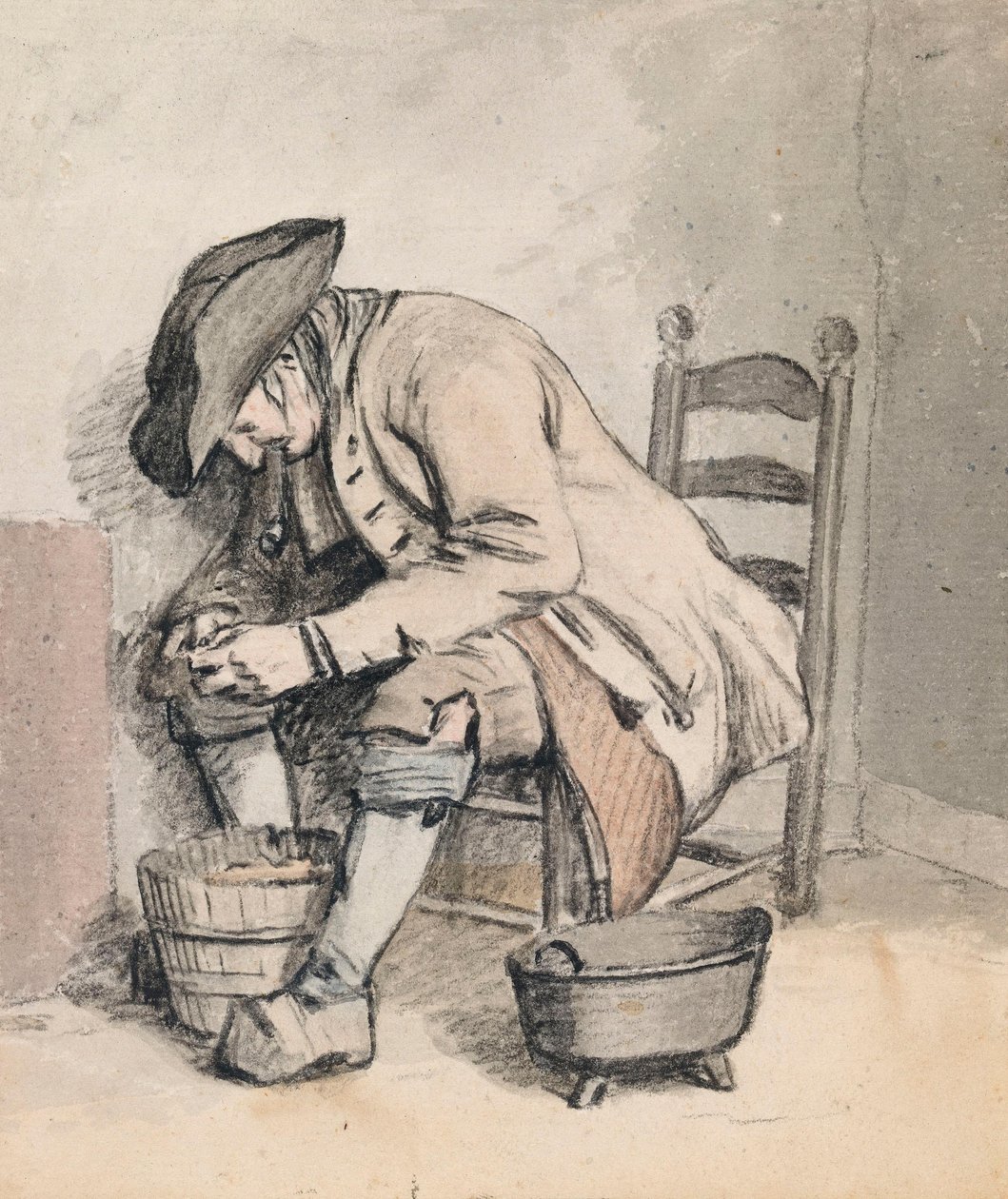 Ein sitzender Mann, der sich über einen Eimer beugt; Drei Frauen (schattenhaft) auf der Rückseite von Wybrand Hendriks