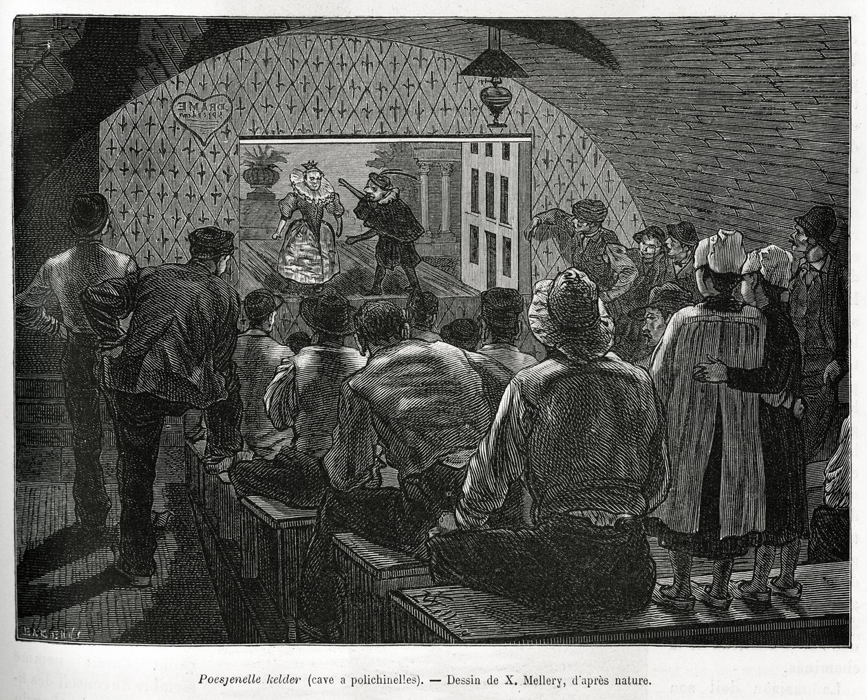 Keller für Polichinelles, ein Keller für Puppenspiele. Gravur von X. Mellery, zur Illustration der Geschichte von Belgien von Camille Lemonnier, veröffentlicht in Le tour du monde, herausgegeben von Edouard Charton (1807-1890) von Xavier Mellery