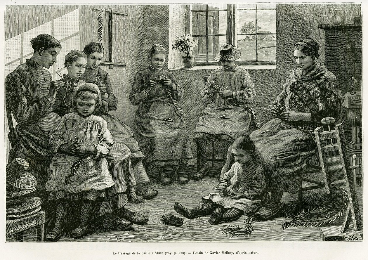 Das Flechten von Stroh in Sluze. Gravur von Xavier Mellery zur Illustration der Geschichte „Belgien“ von Camille Lemonnier, in Le Tour du monde 1886, herausgegeben von Edouard Charton (1807-1890), Hachette, Paris. von Xavier Mellery