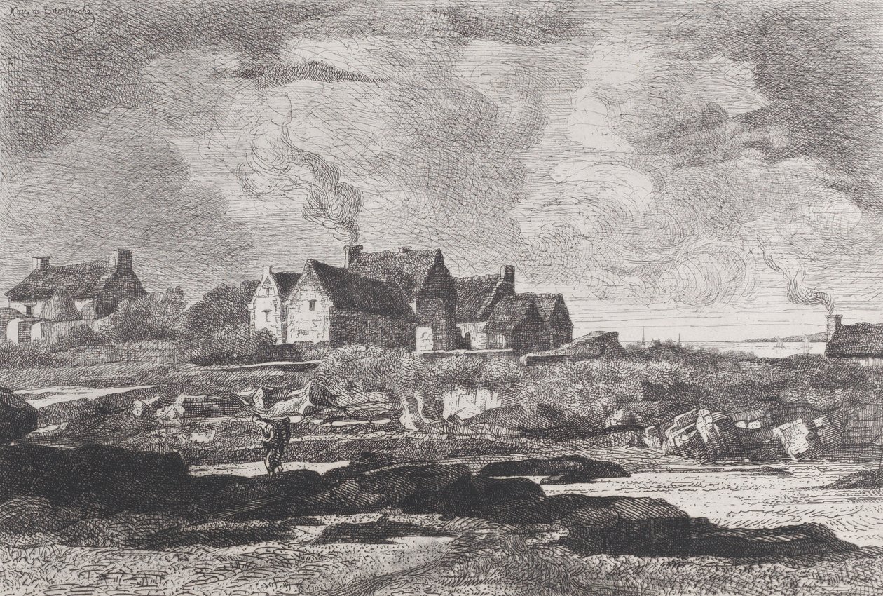 Landschaft auf dem Land mit einem Fluss rechts und Häusern im Hintergrund von Xavier de Dananche