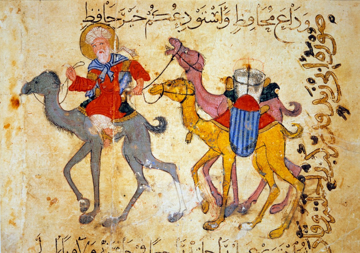 Kamelkarawane in der Wüste (Karawane) Miniatur aus dem „Maqamat“ (Seancen) von Abu Mohammed al-Kasim ibn Ali Hariri (oder Al-Hariri oder Al Hariri) (1054-1122) illuminiert von Yahya Mahmud al-Wasiti (al Wasiti) im Jahr 1237, Paris, B.N. von Yahya ibn Mahmud Al Wasiti
