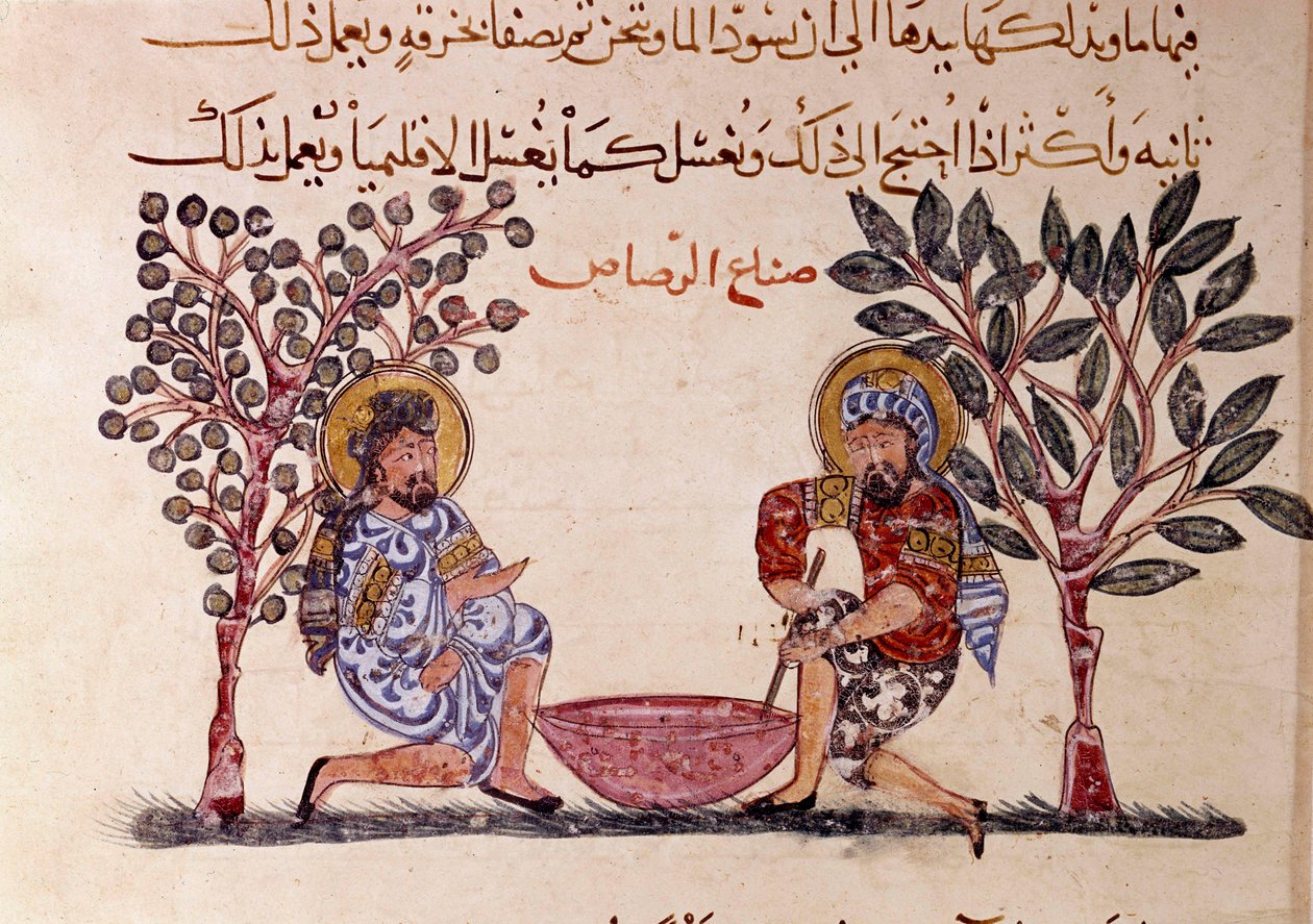 Die Herstellung von Blei. Seite aus „Maqamat“ (Seancen), Schelmenpoem des 11. Jahrhunderts von dem arabischen Dichter Abu Mohammed al-Kasim ibn Ali Hariri (oder Al-Hariri) (1054-1122) illustriert von Al-Wasiti von Yahya ibn Mahmud Al Wasiti