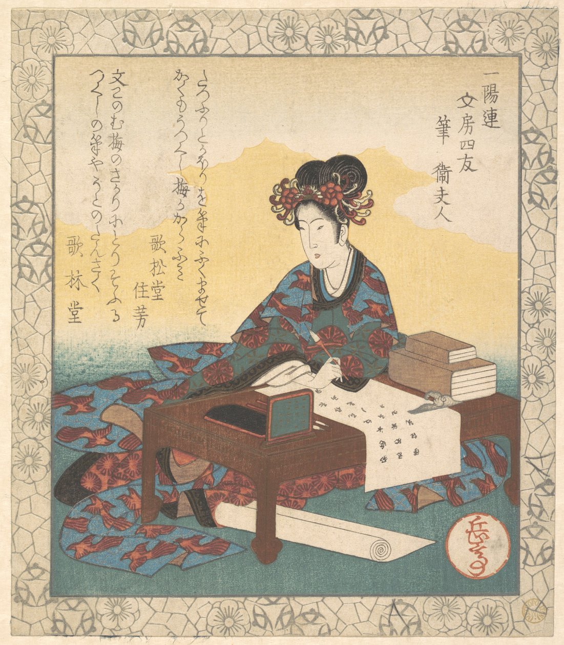 Chinesische Dame am Tisch, eine Ode komponierend von Yashima Gakutei
