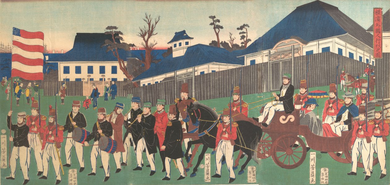 Bild einer Prozession von Ausländern in Yokohama, 2. Monat, 1861 von Yoshikazu