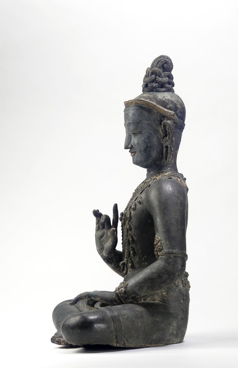 Nepalesisch-chinesischer Bodhisattva (Lack, Stoff, Spuren von Blau, Gold und grüner Farbe & Blattgold) von Yuan Dynasty Chinese School