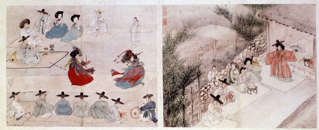 Koreanische Kunst: Kampfszene von Frauen, Szene aus dem täglichen Leben. Drucke von Sin Yun Bok (oder Hyewon, 1758). 18. oder 19. Jahrhundert. Hyung Pil Chun Sammlung von Yun bok Sin