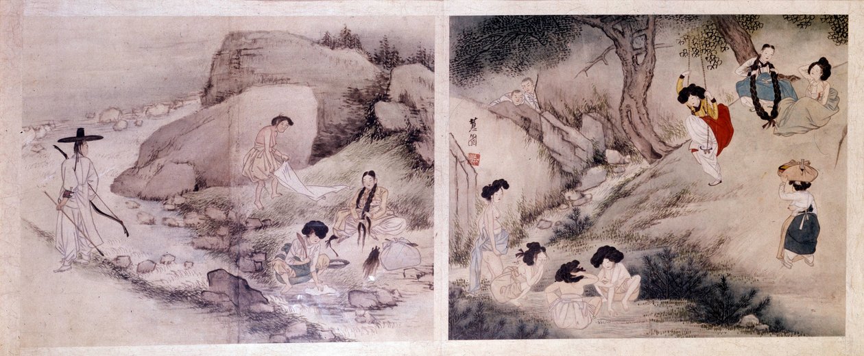 Koreanische Kunst: Frauen waschen ihre Kleidung und kleiden sich, und Frauen machen ihre Toilette und unterhalten sich von Yun bok Sin