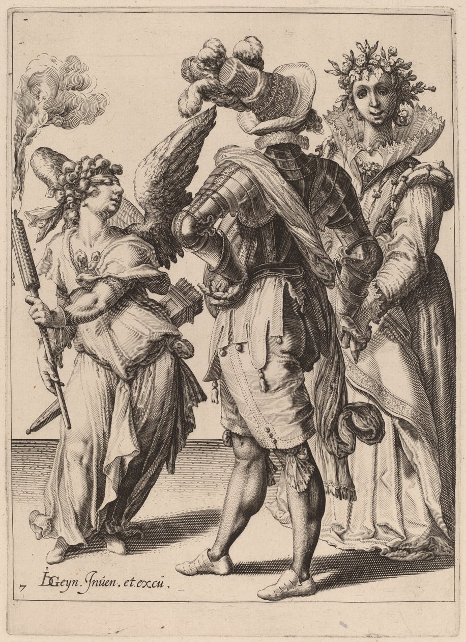 Ein blind gefesselter Amor hält eine Fackel vor ein Paar von Zacharias Dolendo after Jacques de Gheyn II