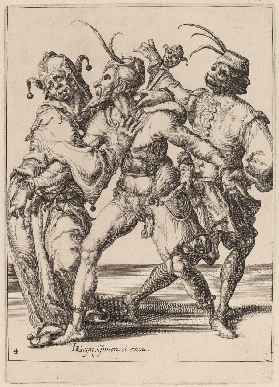 Drei tanzende Mummern, darunter ein Narr von Zacharias Dolendo after Jacques de Gheyn II