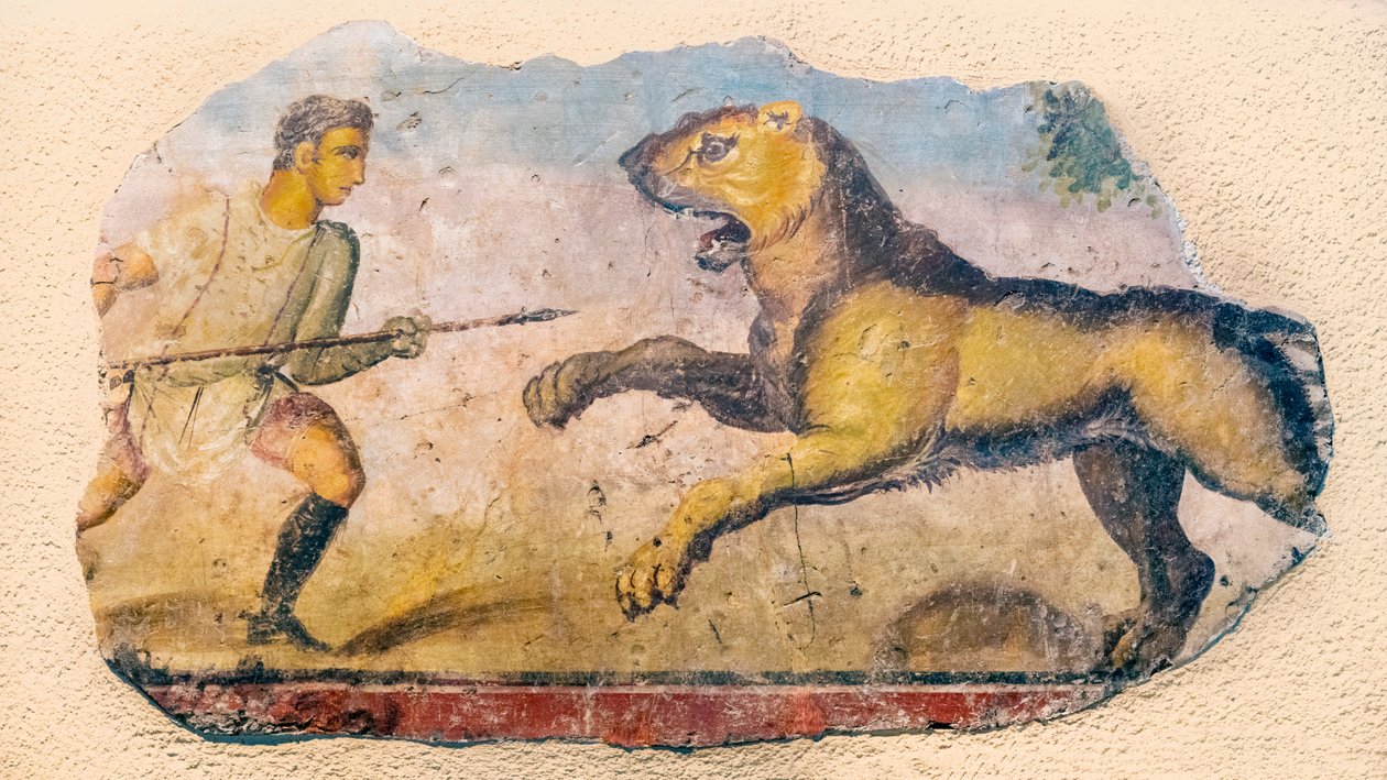 Ein römischer Jäger konfrontiert einen angreifenden Löwen., 2021 (Foto) von . .