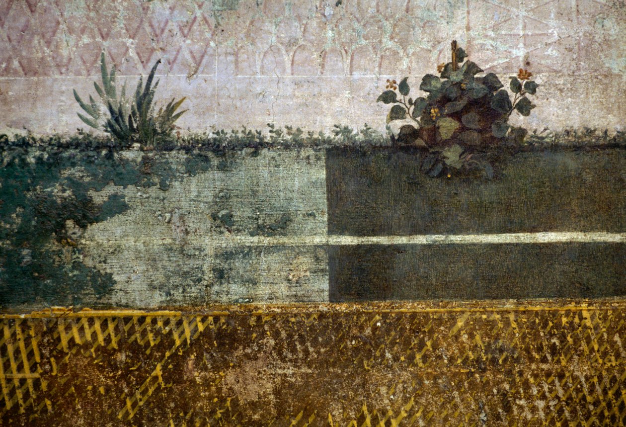 Blumenvase, Detail aus einem Fresko, das einen Garten mit Obstbäumen und Vögeln darstellt, aus dem Haus der Livia auf dem Palatin, Rom, Italien. Römische Zivilisation von Georg Carl Heinrich Dollmann