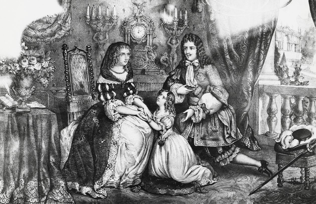 König Ludwig XIV. und seine Tochter bitten die Herzogin Louise de La Valliere, nicht ins Kloster zu gehen von Georg Carl Heinrich Dollmann