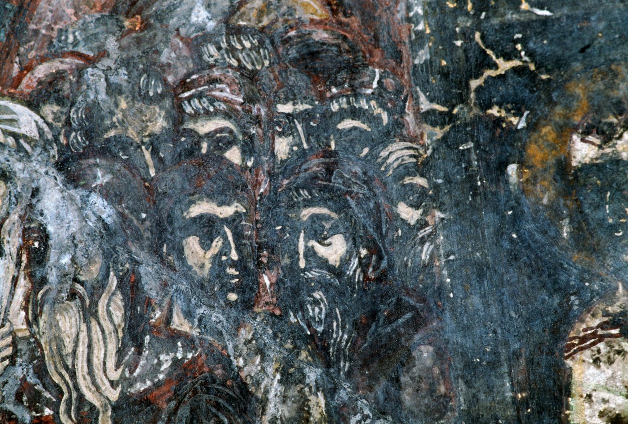 Männliche Figuren, beschädigtes Fresko an der Decke der Kirche Agios Vasileios, Vavouledo, Kreta, Griechenland von Georg Carl Heinrich Dollmann