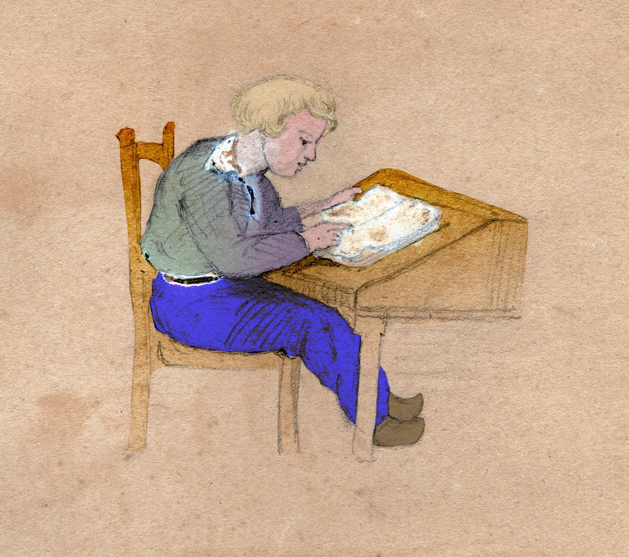 Schuljunge bei der Arbeit an seinem Schreibtisch. circa 1830 (Illustration) von . .